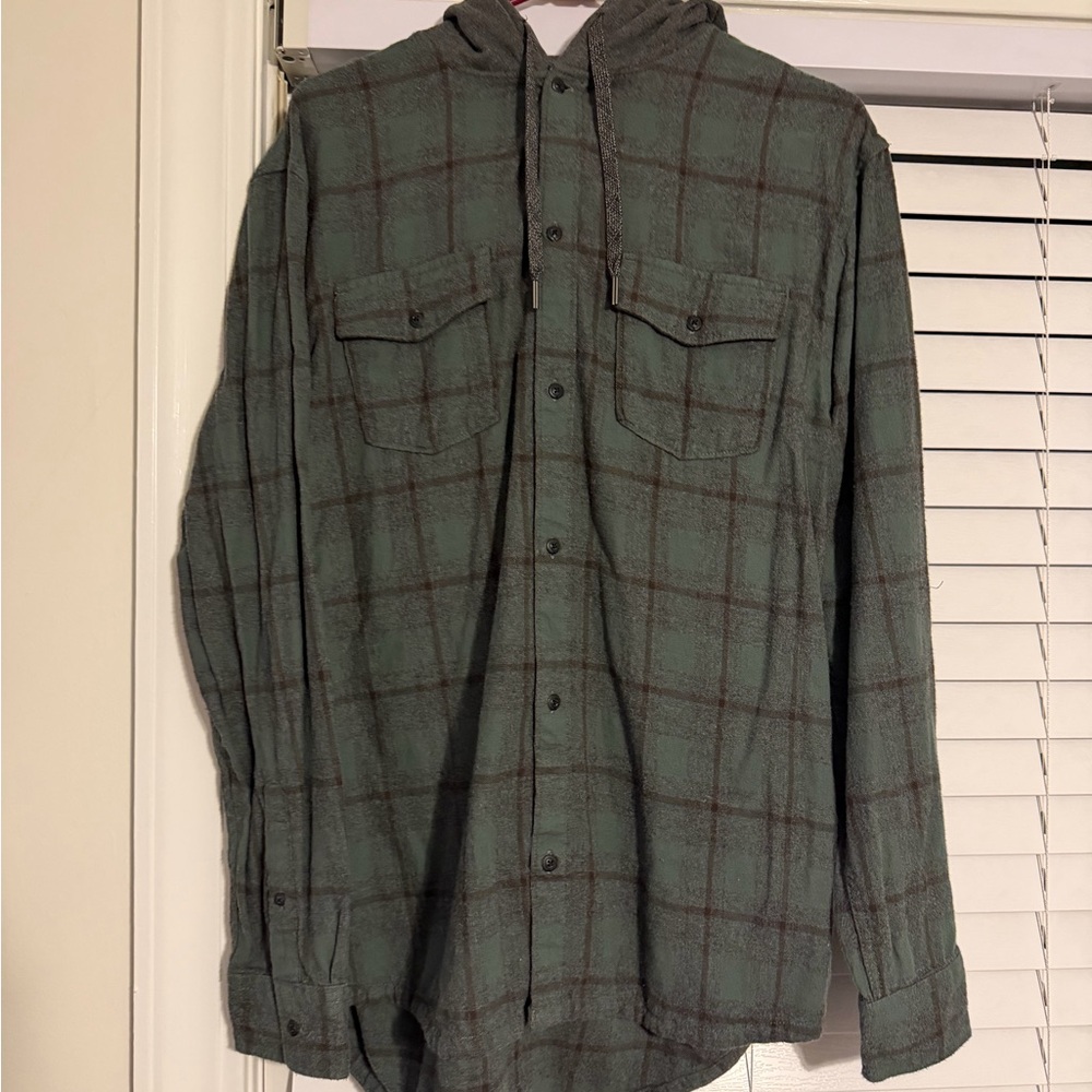 Quiksilver Mens Green Plaid Hooded Flannel Shirt Regular Fit Large L Button Up